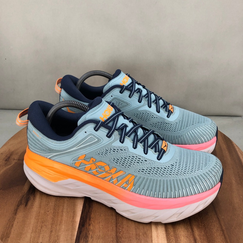 Hoka One One Women's Wide Bondi 7 Light Blue Navy Orange Pink Athletic Shoes